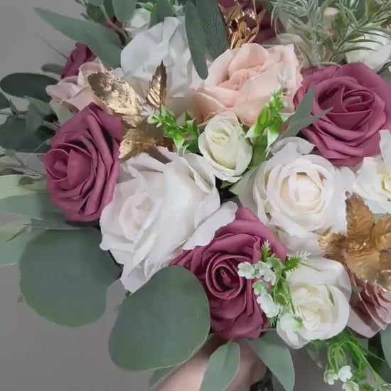 Mauve Bouquet Wedding Bridal White Mauve Bouquet Dusty Lilac White Bouquet Bridesmaids Mauve Rose Gold Bouquet Eucalyptus Artificial Flowers