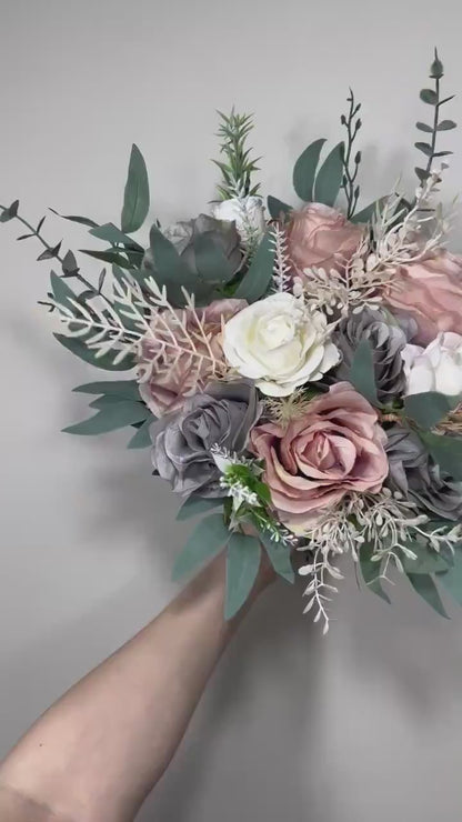 Wedding Bouquet Grey Bridal Dusty Rose Bouquet White Bridesmaids Grey Bouquet Dusty Rose Decor Ivory Artificial Flower