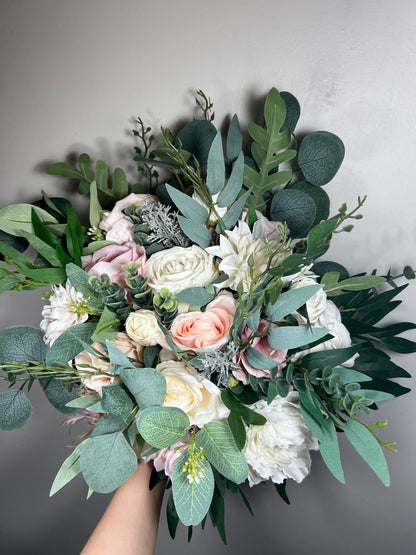 Wedding Bouquet Dusty Rose Bridal Blush Wedding Bouquet Ivory Bridesmaids Decor Eucalyptus Handmade Pink Flower White Artificial Faux Flower