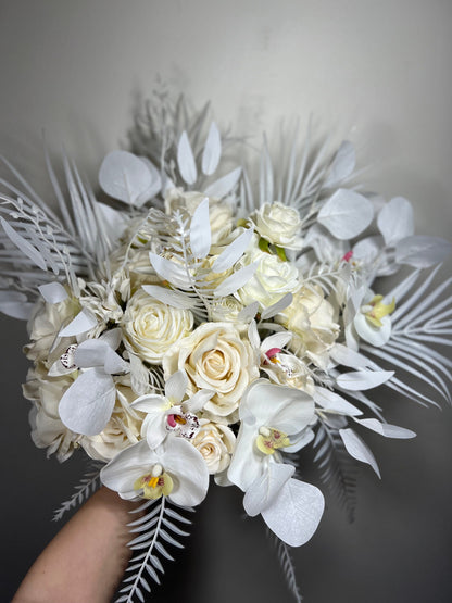 Wedding Bouquet White Bridal Orchid Wedding Ivory Bouquet Bridesmaids Decor Tropical Eucalyptus Handmade Rose Artificial Faux Flower Peony