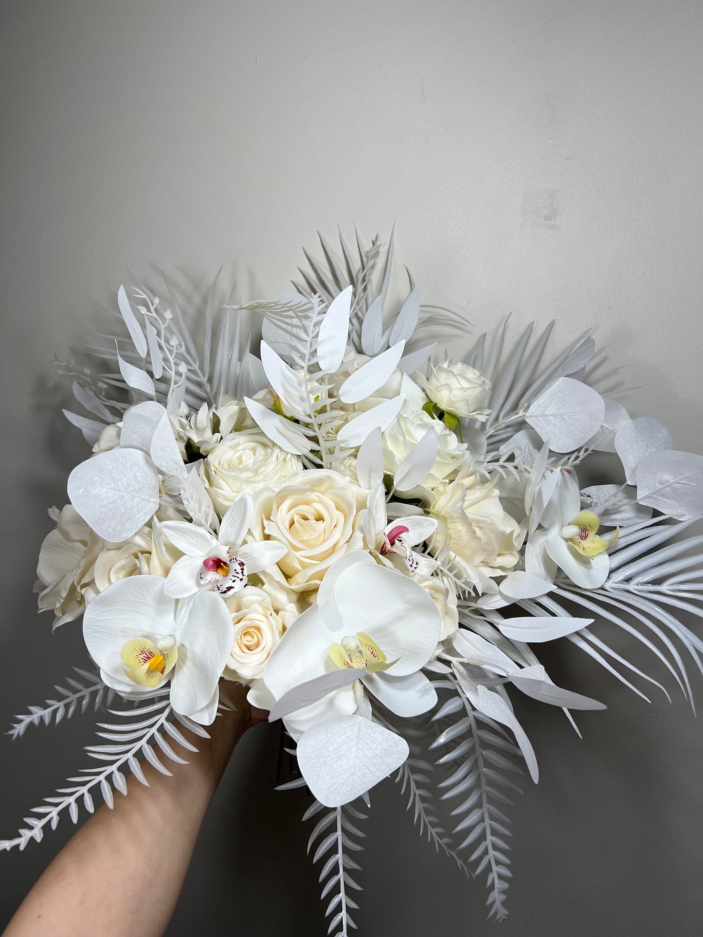 Wedding Bouquet White Bridal Orchid Wedding Ivory Bouquet Bridesmaids Decor Tropical Eucalyptus Handmade Rose Artificial Faux Flower Peony