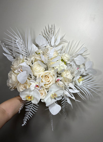 Wedding Bouquet White Bridal Orchid Wedding Ivory Bouquet Bridesmaids Decor Tropical Eucalyptus Handmade Rose Artificial Faux Flower Peony