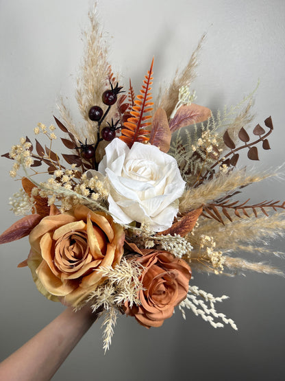 Wedding Cascade Bouquet Terracotta Bridal Cascading Boho Rust Bouquet Wedding Burnt Orange Bridesmaids Decor Handmade Flower Artificial