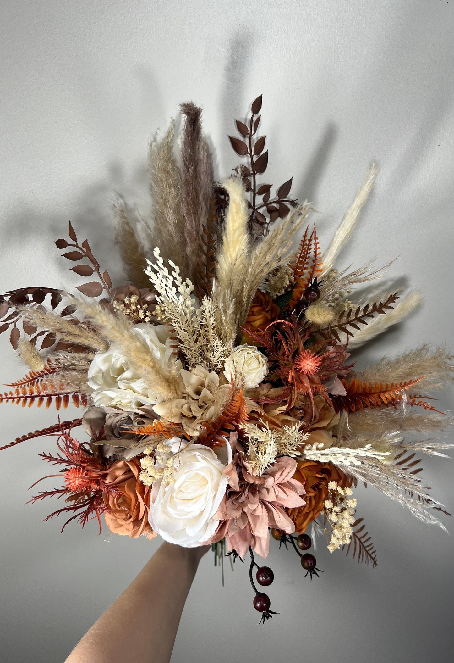 Wedding Cascade Bouquet Terracotta Bridal Cascading Boho Rust Bouquet Wedding Burnt Orange Bridesmaids Decor Handmade Flower Artificial