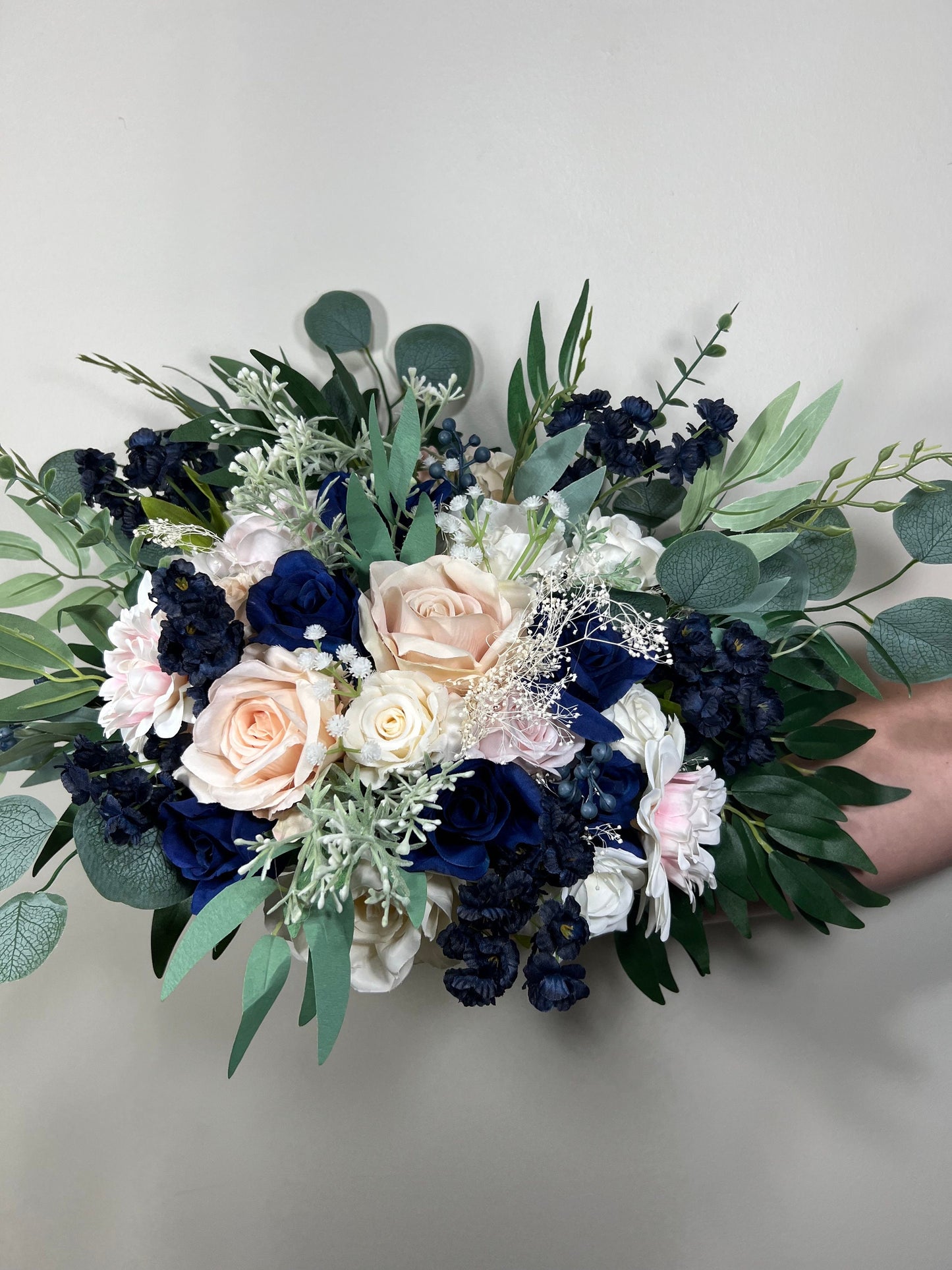 Wedding Bouquet Dusty Rose Navy Blue Bridal Wedding Rustic Bridesmaids Blush Pink Handmade Eucalyptus Artificial Flower Greenery Baby Breath