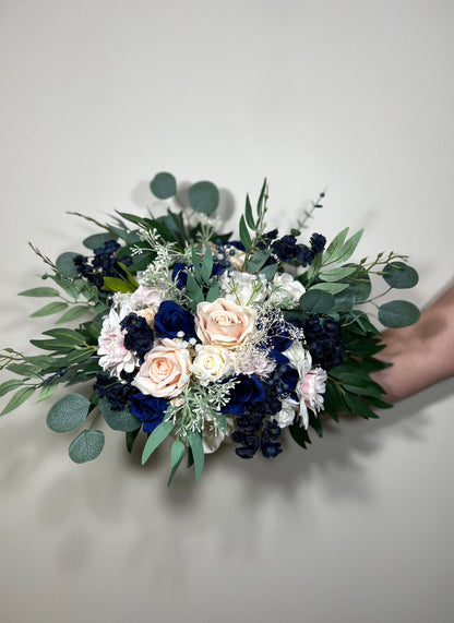 Wedding Bouquet Dusty Rose Navy Blue Bridal Wedding Rustic Bridesmaids Blush Pink Handmade Eucalyptus Artificial Flower Greenery Baby Breath