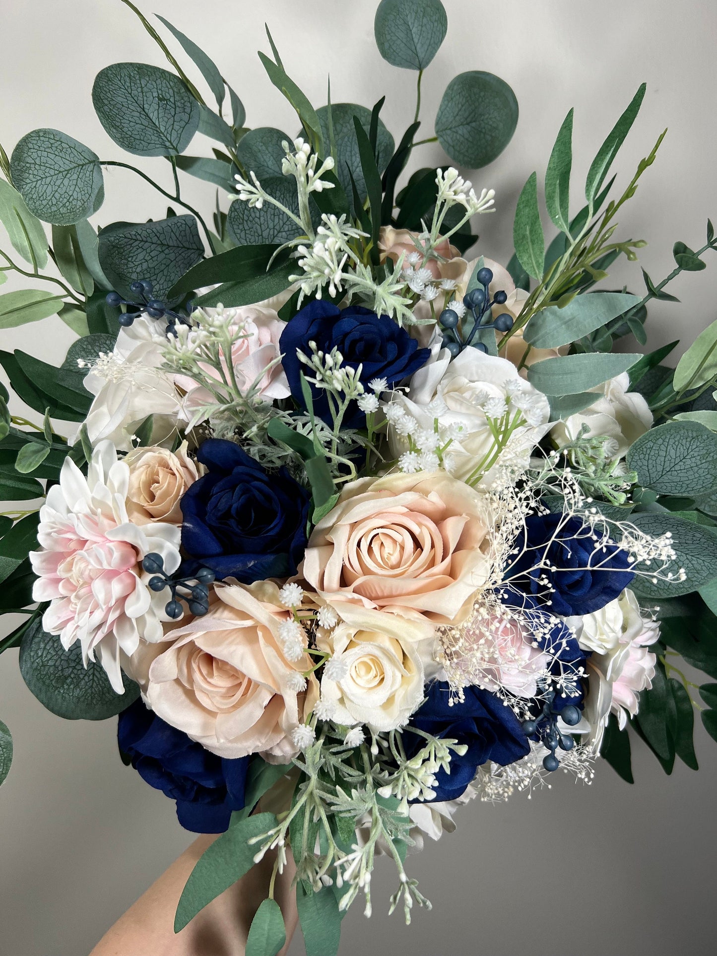 Wedding Bouquet Dusty Rose Navy Blue Bridal Wedding Rustic Bridesmaids Blush Pink Handmade Eucalyptus Artificial Flower Greenery Baby Breath