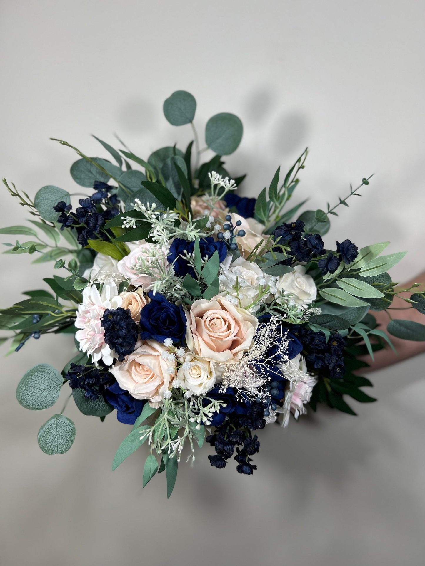 Wedding Bouquet Dusty Rose Navy Blue Bridal Wedding Rustic Bridesmaids Blush Pink Handmade Eucalyptus Artificial Flower Greenery Baby Breath