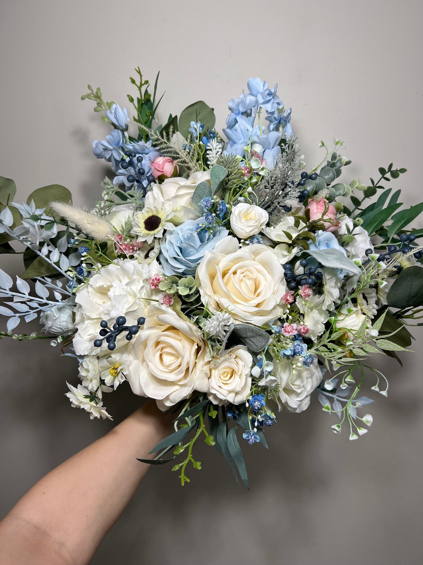 Wedding Bouquet Dusty Blue Bridal Rustic Wedding White Bouquet Wild Flower Dusty Rose Light Blue Sky Eucalyptus Flower Ivory Artificial