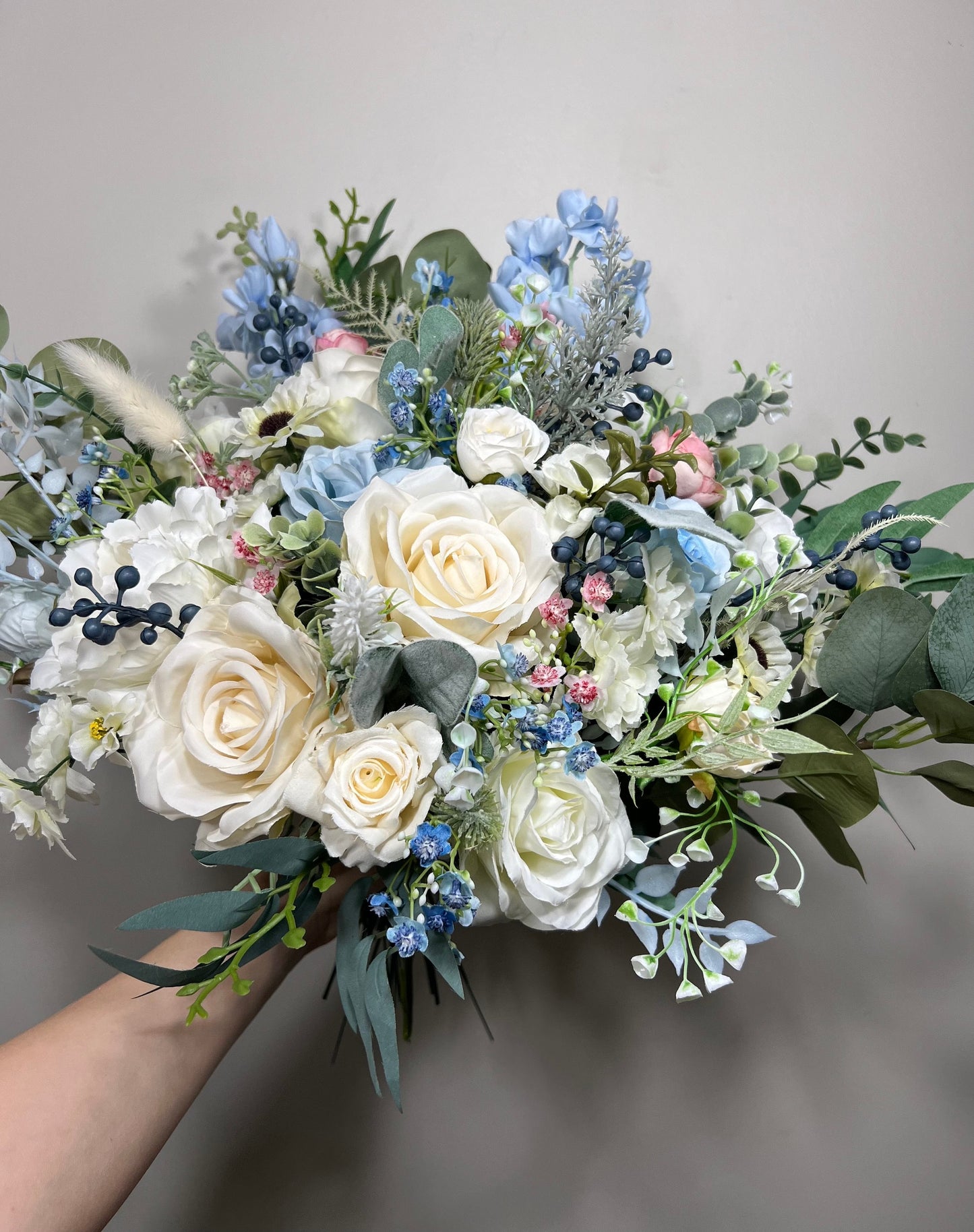 Wedding Bouquet Dusty Blue Bridal Rustic Wedding White Bouquet Wild Flower Dusty Rose Light Blue Sky Eucalyptus Flower Ivory Artificial