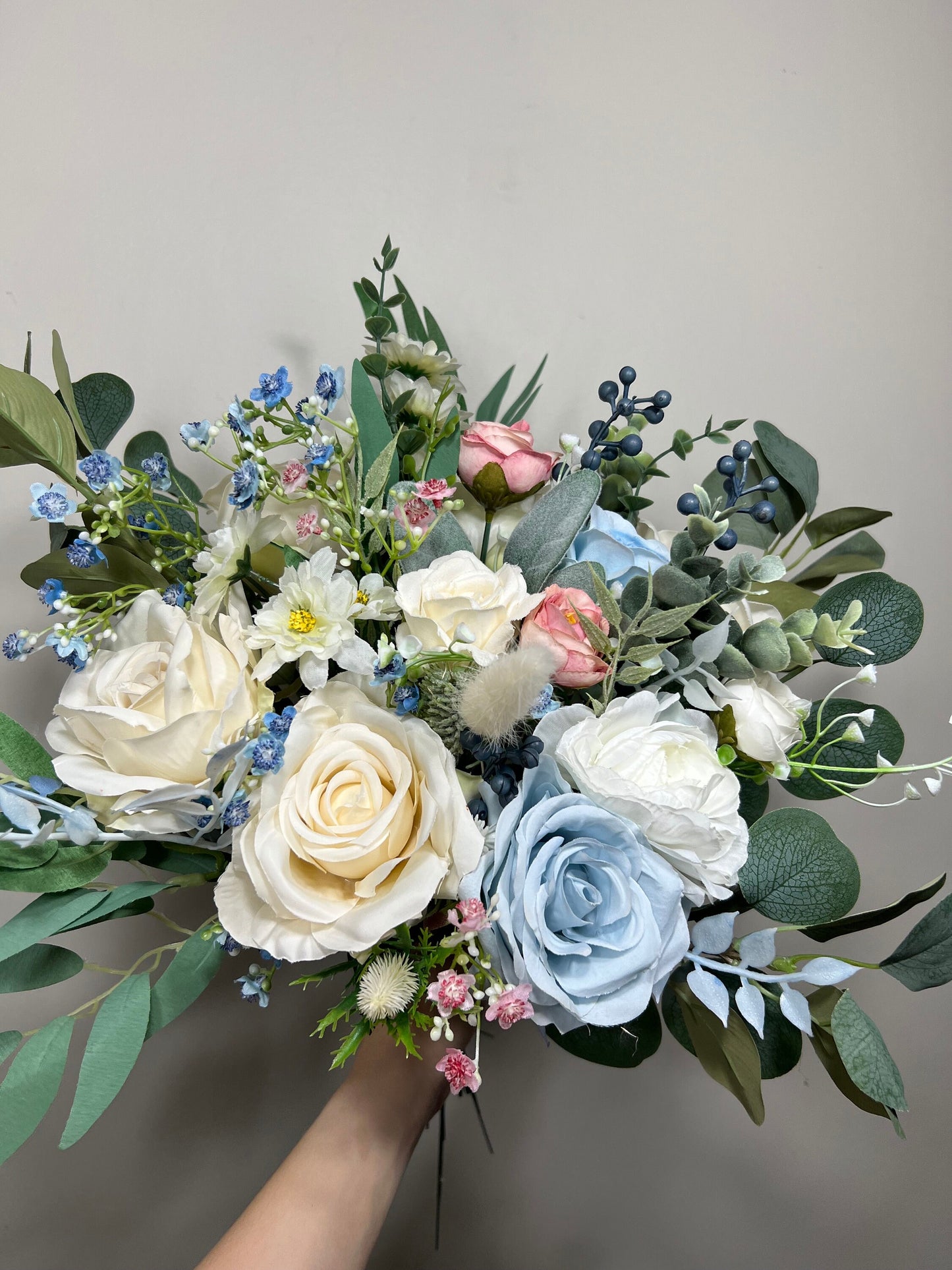 Wedding Bouquet Dusty Blue Bridal Rustic Wedding White Bouquet Wild Flower Dusty Rose Light Blue Sky Eucalyptus Flower Ivory Artificial