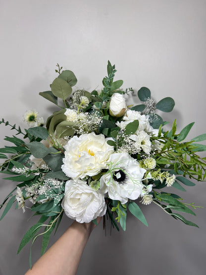 Wedding Bouquet White Bridal Anemone Wedding Bouquet Anemone Ivory Bridesmaids Decor Eucalyptus Anemone Handmade Flower White Artificial