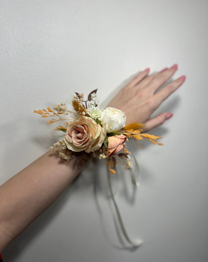 Wedding Corsage Terracotta Bridal Burnt Orange Wedding Boho Wrist Corsage White Bridesmaids Corsage Accessories Artificial Flowers