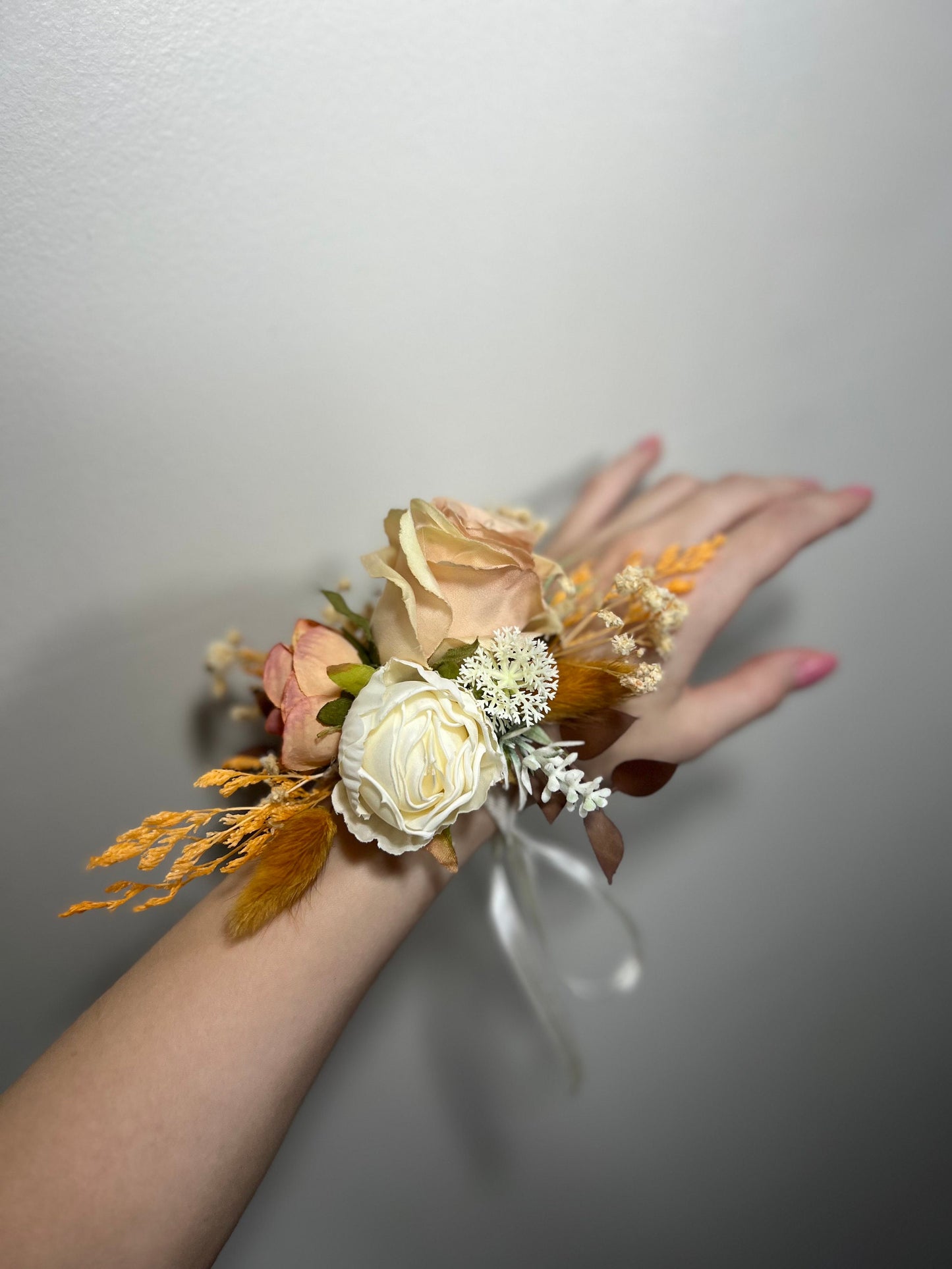 Wedding Corsage Terracotta Bridal Burnt Orange Wedding Boho Wrist Corsage White Bridesmaids Corsage Accessories Artificial Flowers