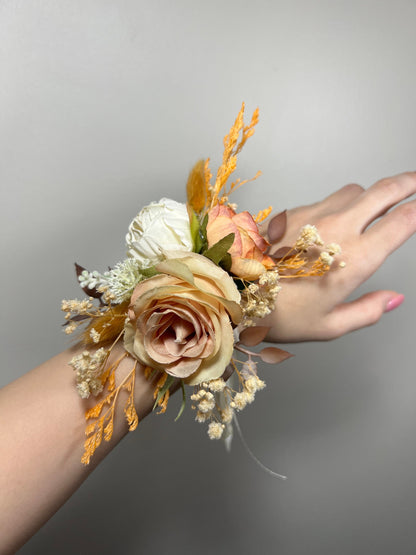 Wedding Corsage Terracotta Bridal Burnt Orange Wedding Boho Wrist Corsage White Bridesmaids Corsage Accessories Artificial Flowers