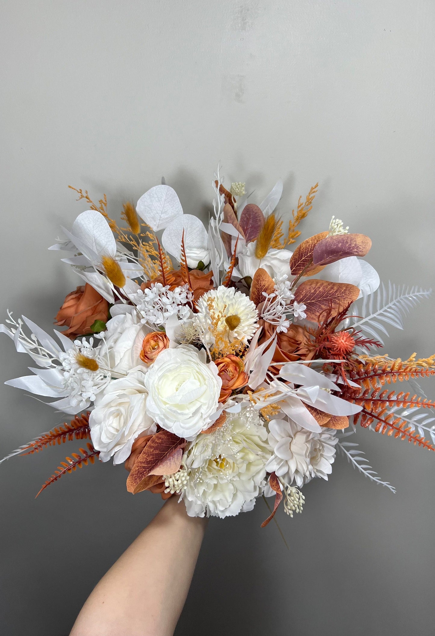 Wedding Bouquet Terracotta Boho Bridal Rust Wedding Burnt Orange Bridesmaids Decor Artificial Flower Baby Breath Fall Pumpkin Bunny Tails