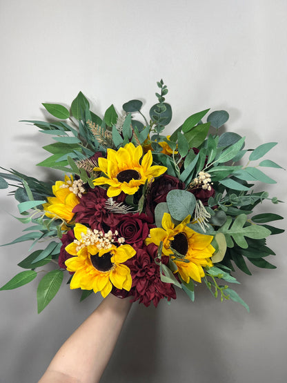 Wedding Bouquet Sunflower Bohemian Bridal Sunflower Wedding Burgundy Fall Decor Handmade Artificial Dried Flowers Baby Breath