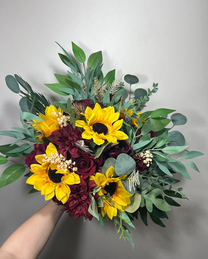 Wedding Bouquet Sunflower Bohemian Bridal Sunflower Wedding Burgundy Fall Decor Handmade Artificial Dried Flowers Baby Breath