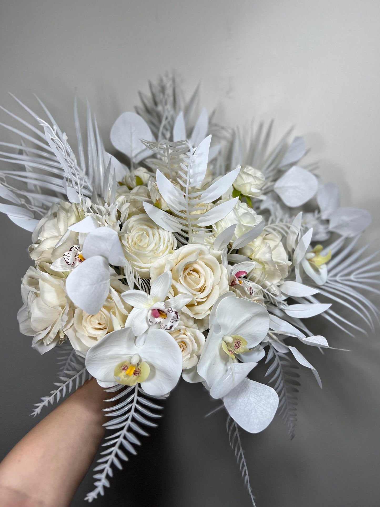 Wedding Bouquet White Bridal Orchid Wedding Ivory Bouquet Bridesmaids Decor Tropical Eucalyptus Handmade Rose Artificial Faux Flower Peony