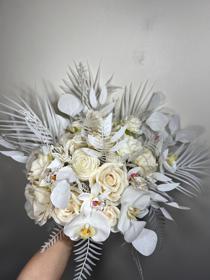 Wedding Bouquet White Bridal Orchid Wedding Ivory Bouquet Bridesmaids Decor Tropical Eucalyptus Handmade Rose Artificial Faux Flower Peony