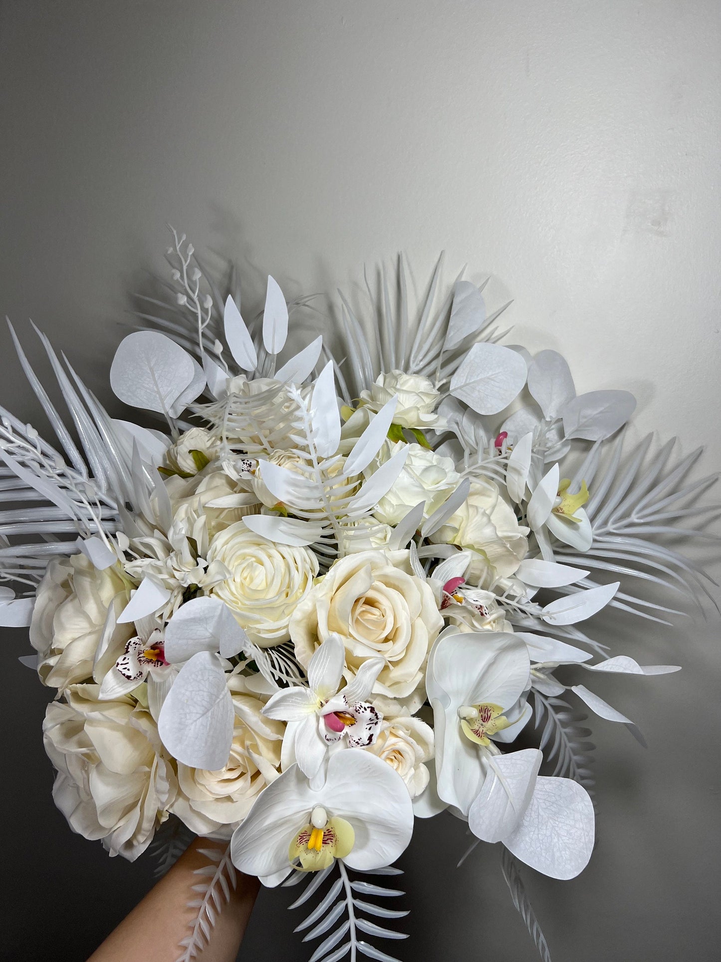 Wedding Bouquet White Bridal Orchid Wedding Ivory Bouquet Bridesmaids Decor Tropical Eucalyptus Handmade Rose Artificial Faux Flower Peony