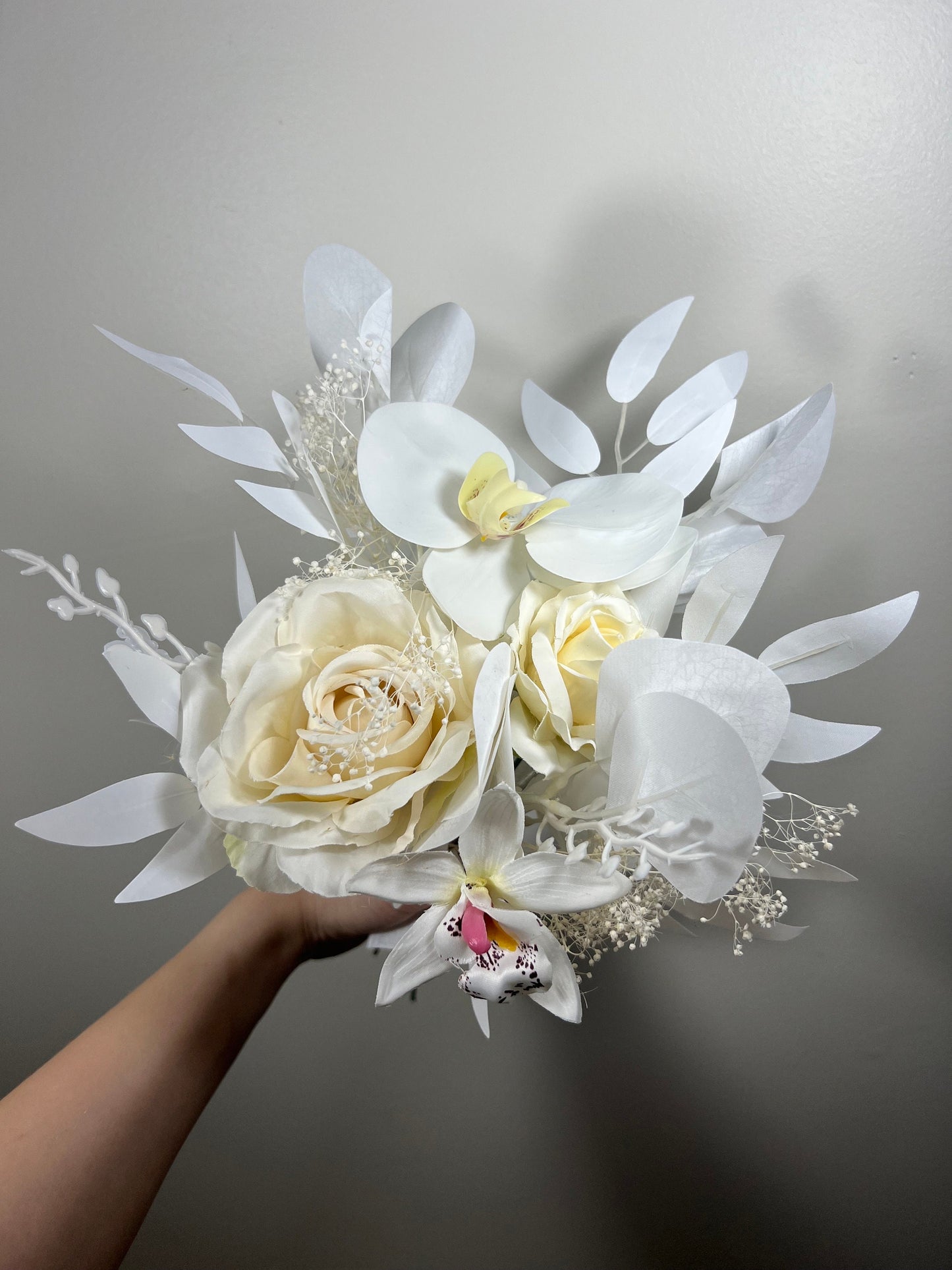 Wedding Bouquet White Bridal Orchid Wedding Ivory Bouquet Bridesmaids Decor Tropical Eucalyptus Handmade Rose Artificial Faux Flower Peony