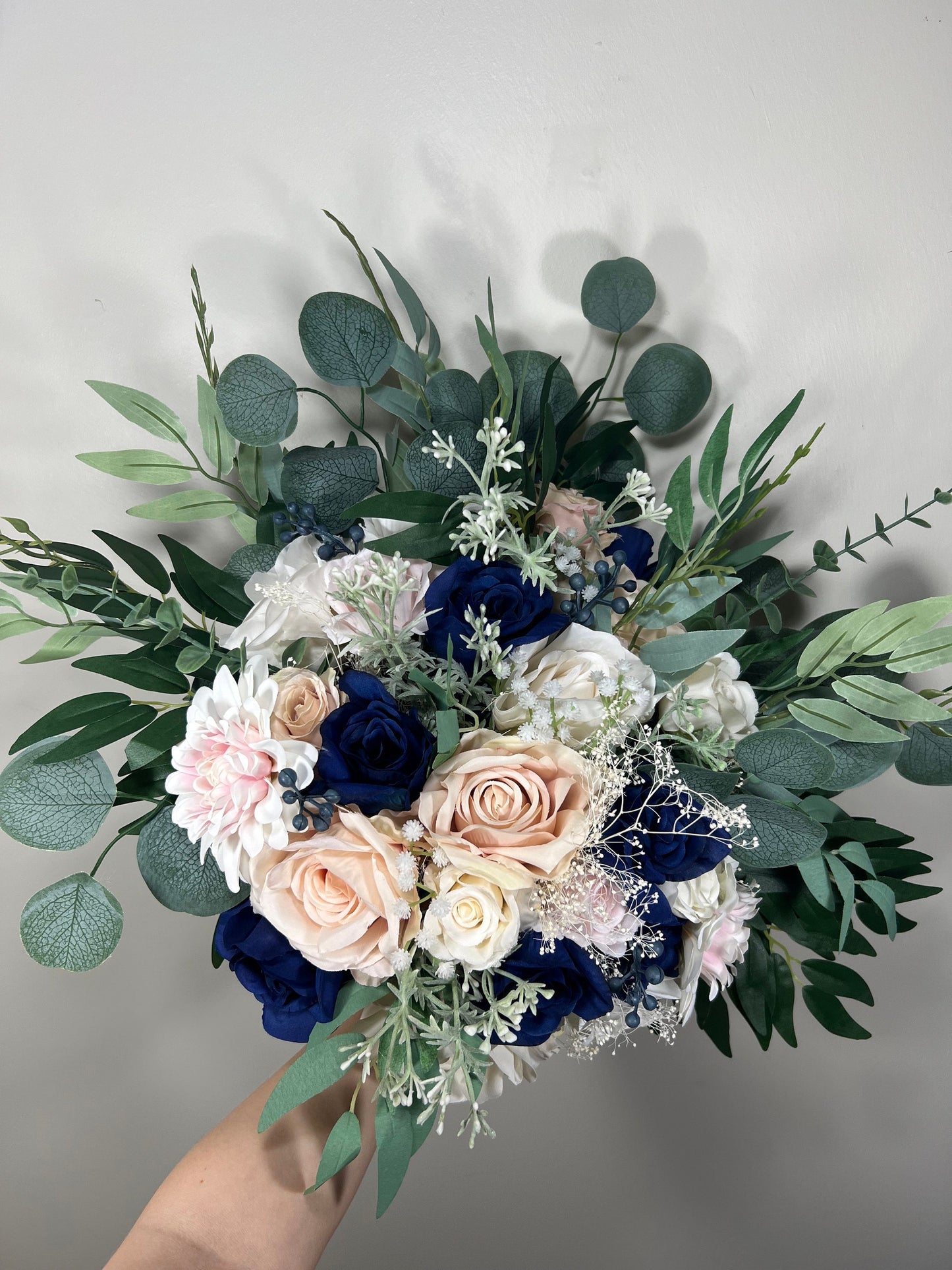 Wedding Bouquet Dusty Rose Navy Blue Bridal Wedding Rustic Bridesmaids Blush Pink Handmade Eucalyptus Artificial Flower Greenery Baby Breath