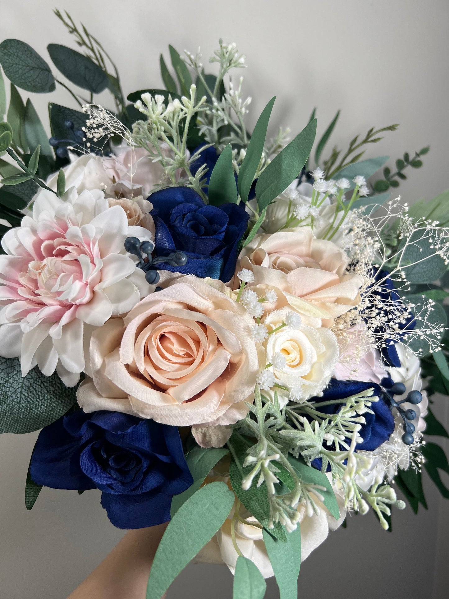 Wedding Bouquet Dusty Rose Navy Blue Bridal Wedding Rustic Bridesmaids Blush Pink Handmade Eucalyptus Artificial Flower Greenery Baby Breath