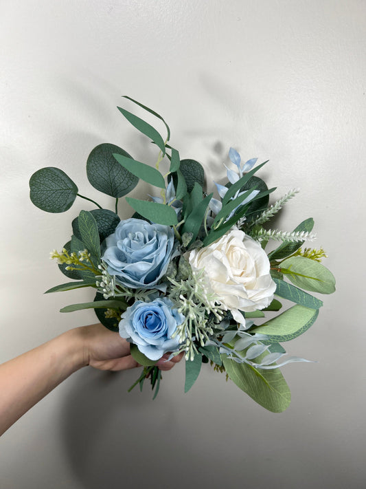 Wedding Bouquet Bridesmaids Dusty Blue Bridal  Wedding Bouquet Ivory Bridesmaids Decor Eucalyptus Handmade Flower White Artificial Faux