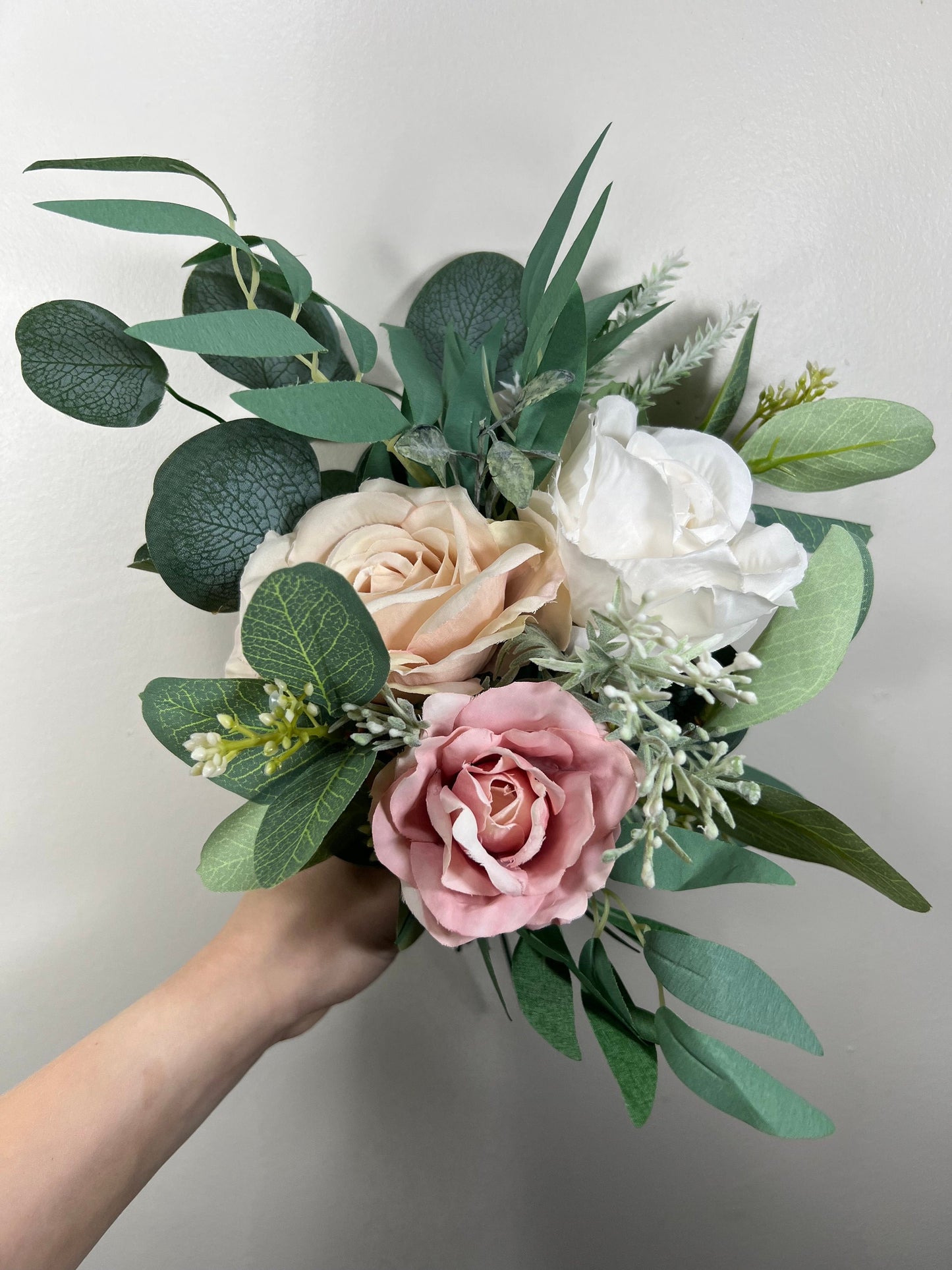 Wedding Bouquet Bridesmaids Dusty Blue Bridal  Wedding Bouquet Ivory Bridesmaids Decor Eucalyptus Handmade Flower White Artificial Faux