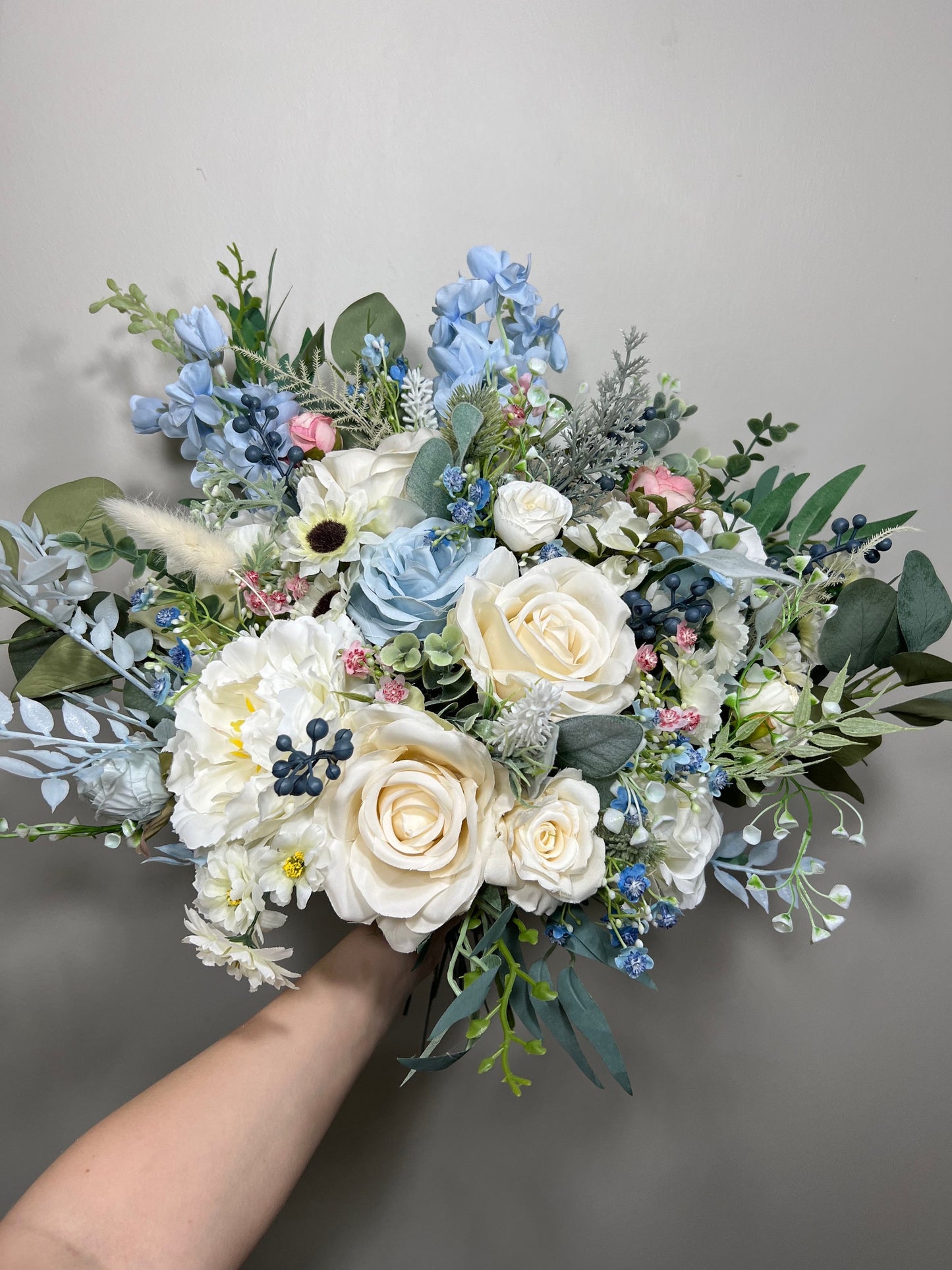 Wedding Bouquet Dusty Blue Bridal Rustic Wedding White Bouquet Wild Flower Dusty Rose Light Blue Sky Eucalyptus Flower Ivory Artificial