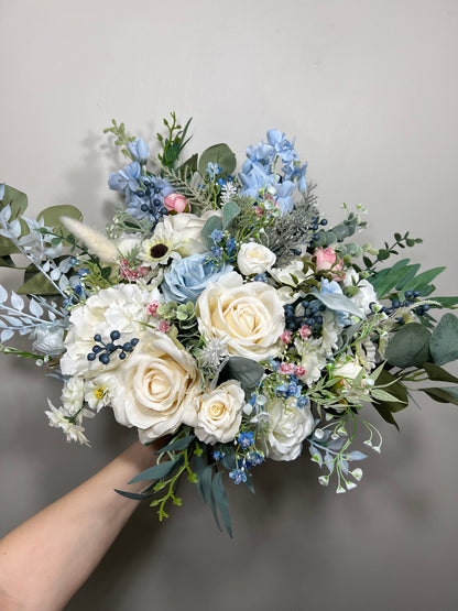 Wedding Bouquet Dusty Blue Bridal Rustic Wedding White Bouquet Wild Flower Dusty Rose Light Blue Sky Eucalyptus Flower Ivory Artificial