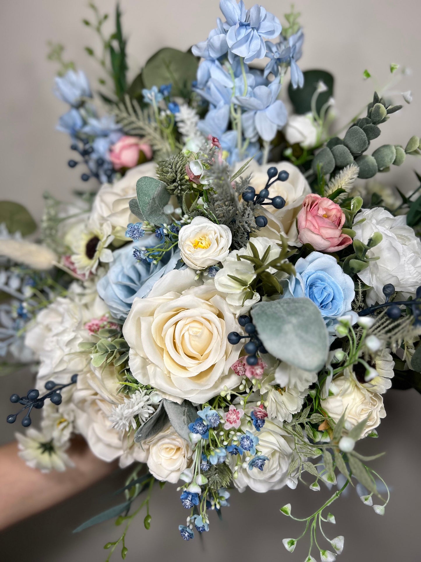 Wedding Bouquet Dusty Blue Bridal Rustic Wedding White Bouquet Wild Flower Dusty Rose Light Blue Sky Eucalyptus Flower Ivory Artificial