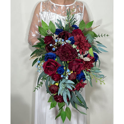 Wedding Cascade Bouquet Burgundy Navy Blue Bridal Cascading Bouquet Wedding Cascade Decor Eucalyptus Handmade Flower Artificial