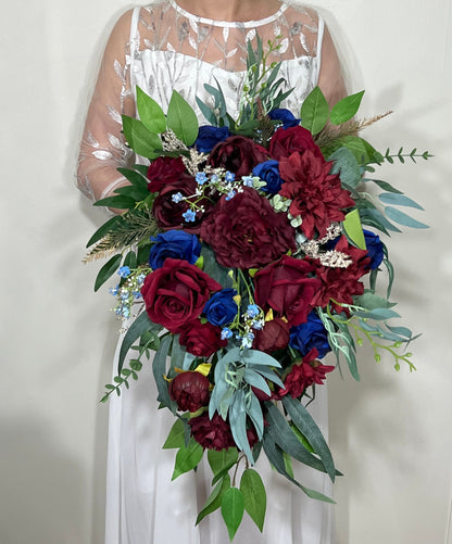 Wedding Cascade Bouquet Burgundy Navy Blue Bridal Cascading Bouquet Wedding Cascade Decor Eucalyptus Handmade Flower Artificial