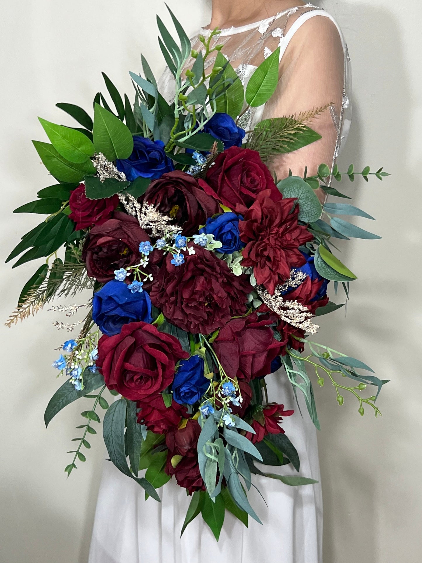 Wedding Cascade Bouquet Burgundy Navy Blue Bridal Cascading Bouquet Wedding Cascade Decor Eucalyptus Handmade Flower Artificial