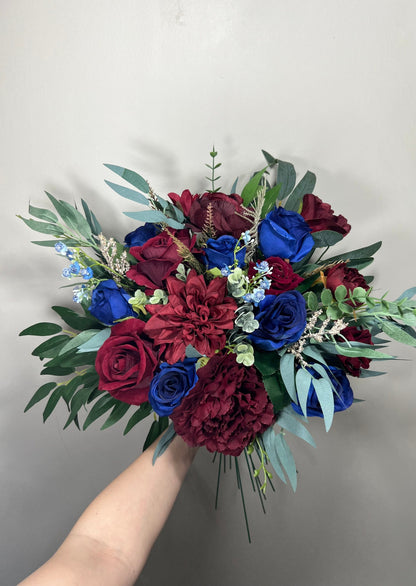 Wedding Cascade Bouquet Burgundy Navy Blue Bridal Cascading Bouquet Wedding Cascade Decor Eucalyptus Handmade Flower Artificial