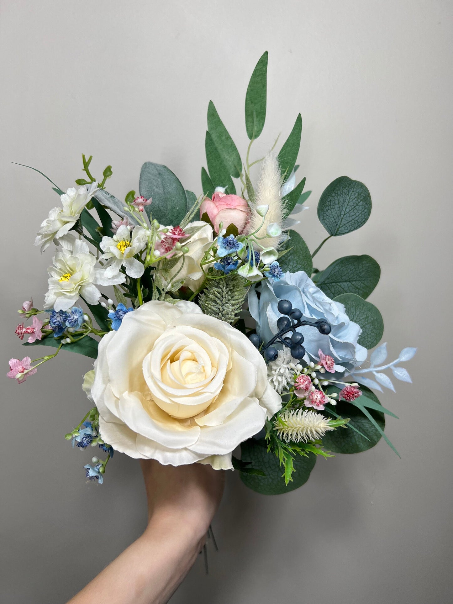 Wedding Bouquet Dusty Blue Bridal Rustic Wedding White Bouquet Wild Flower Dusty Rose Light Blue Sky Eucalyptus Flower Ivory Artificial