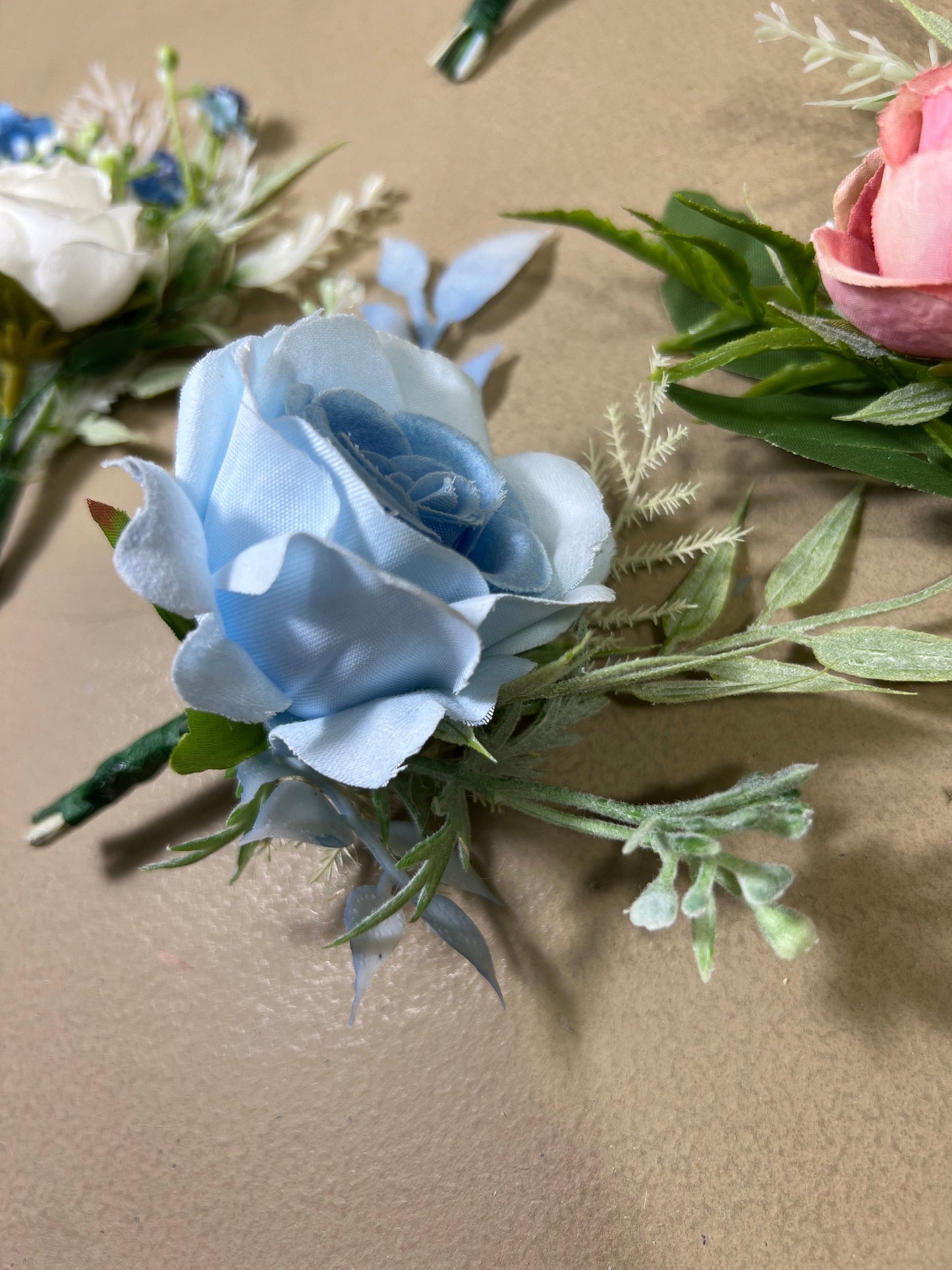 Wedding Boutonnière White Groom Wedding Pink Light Blue Boutonniere Groomsmen Ivory Decor Artificial Dried Flowers Eucalyptus White Rose