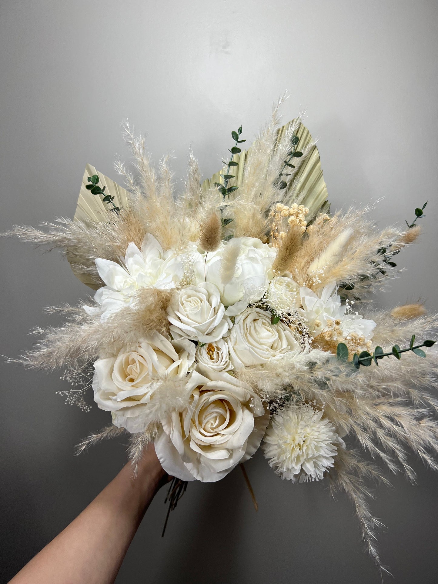 Wedding Bouquet Boho Bridal White Eucalyptus Bouquet Pampas Grass Bridesmaids Decor Palms Leaves Handmade Ivory Artificial Faux Flower