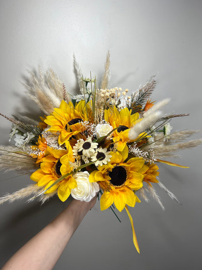 Wedding Bouquet Sunflower Boho Bridal Sunflower Wedding White Fall Decor Ivory Yellow Artificial Flowers Yellow Baby Breath Pampas Grass