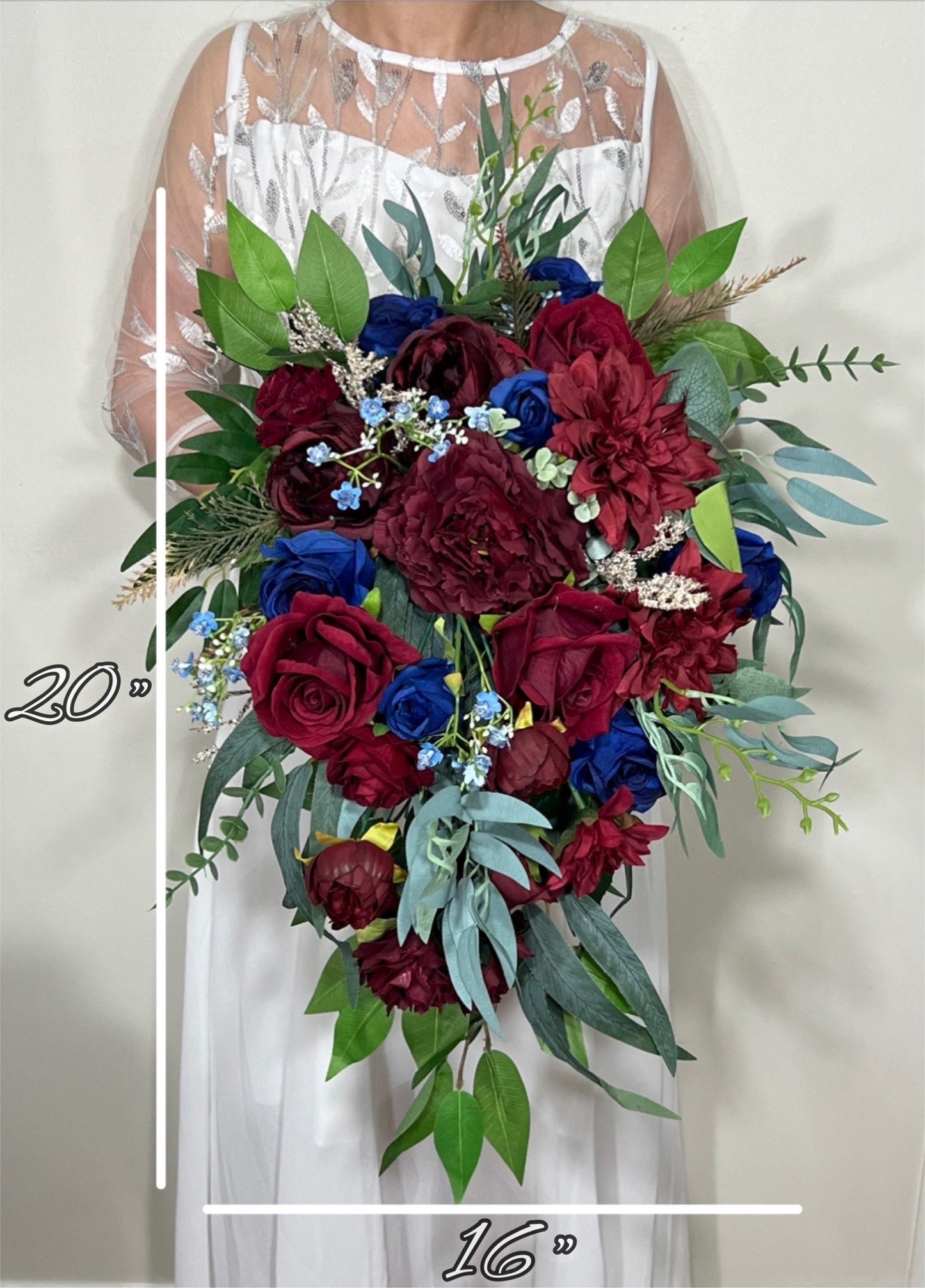 Wedding Cascade Bouquet Burgundy Navy Blue Bridal Cascading Bouquet Wedding Cascade Decor Eucalyptus Handmade Flower Artificial