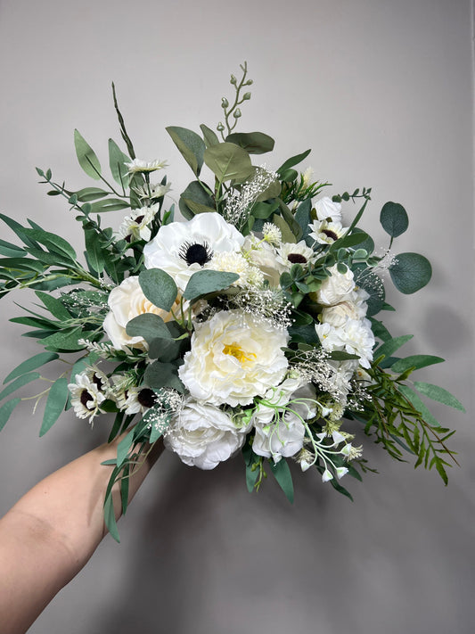 Wedding Bouquet White Bridal Anemone Wedding Bouquet Anemone Ivory Bridesmaids Decor Eucalyptus Anemone Handmade Flower White Artificial