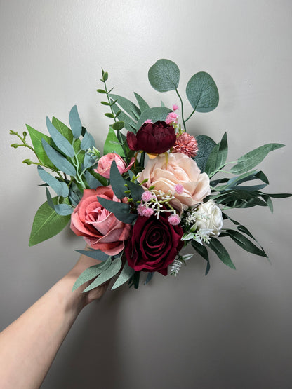 Wedding Bouquet Burgundy Bridal Wedding Rustic Bouquet Dusty Rose Bridesmaids Decor Eucalyptus Handmade Pink Wild Flower Artificial Flower