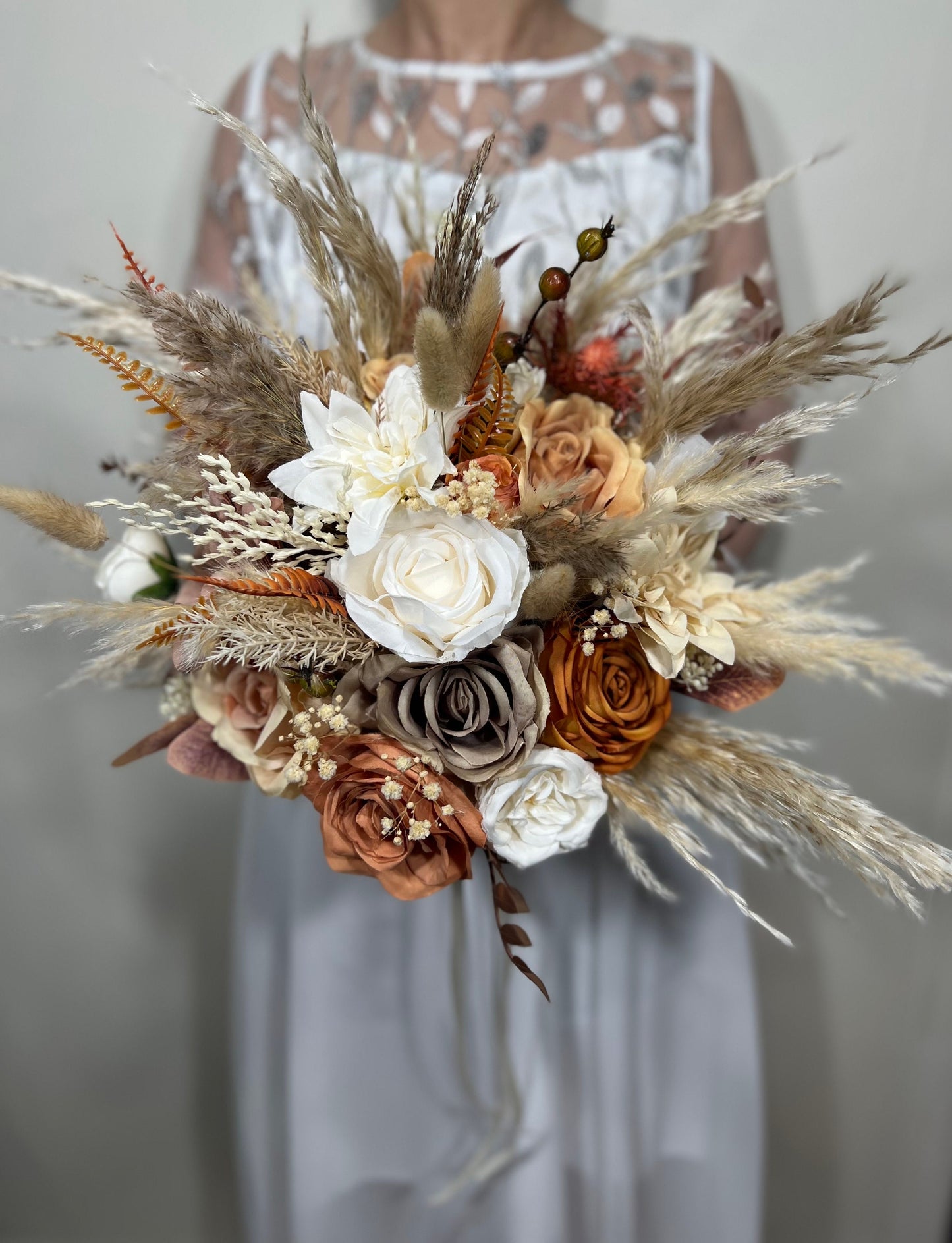 Wedding Cascade Bouquet Terracotta Bridal Cascading Boho Rust Bouquet Wedding Burnt Orange Bridesmaids Decor Handmade Flower Artificial