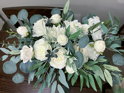 Wedding Bouquet White Bridal Wedding Ivory Rose Peony Bridesmaids Dahlia Decor Eucalyptus Greenery Handmade Artificial Faux Flower Sage