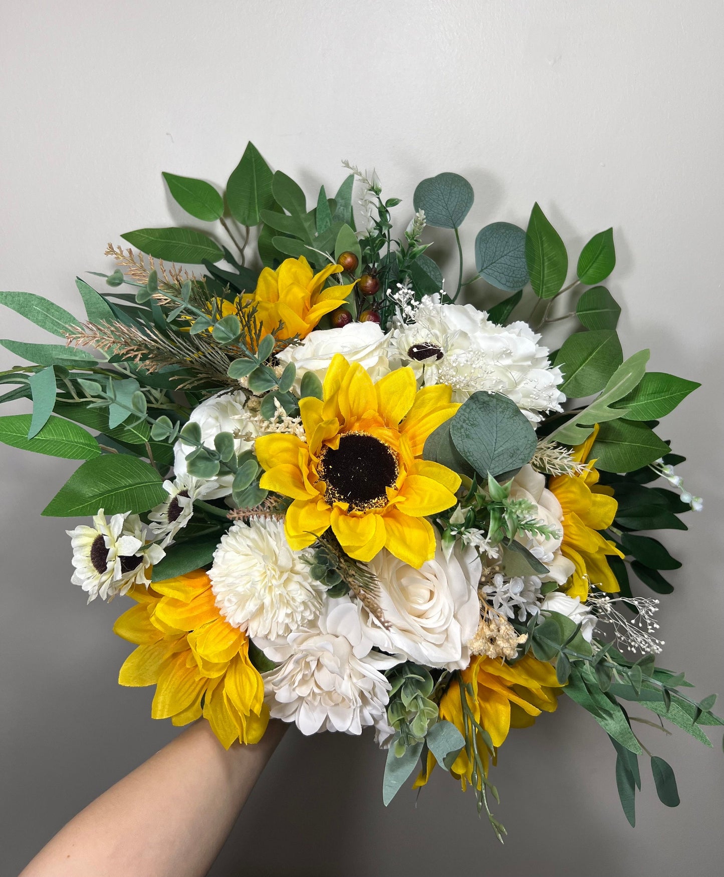 Wedding Bouquet Sunflower Rustic Bridal Sunflower Wedding White Fall Decor Ivory Handmade Rose Artificial Wild Flowers Fall Baby Breath