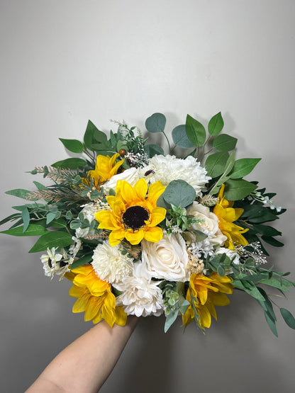 Wedding Bouquet Sunflower Rustic Bridal Sunflower Wedding White Fall Decor Ivory Handmade Rose Artificial Wild Flowers Fall Baby Breath