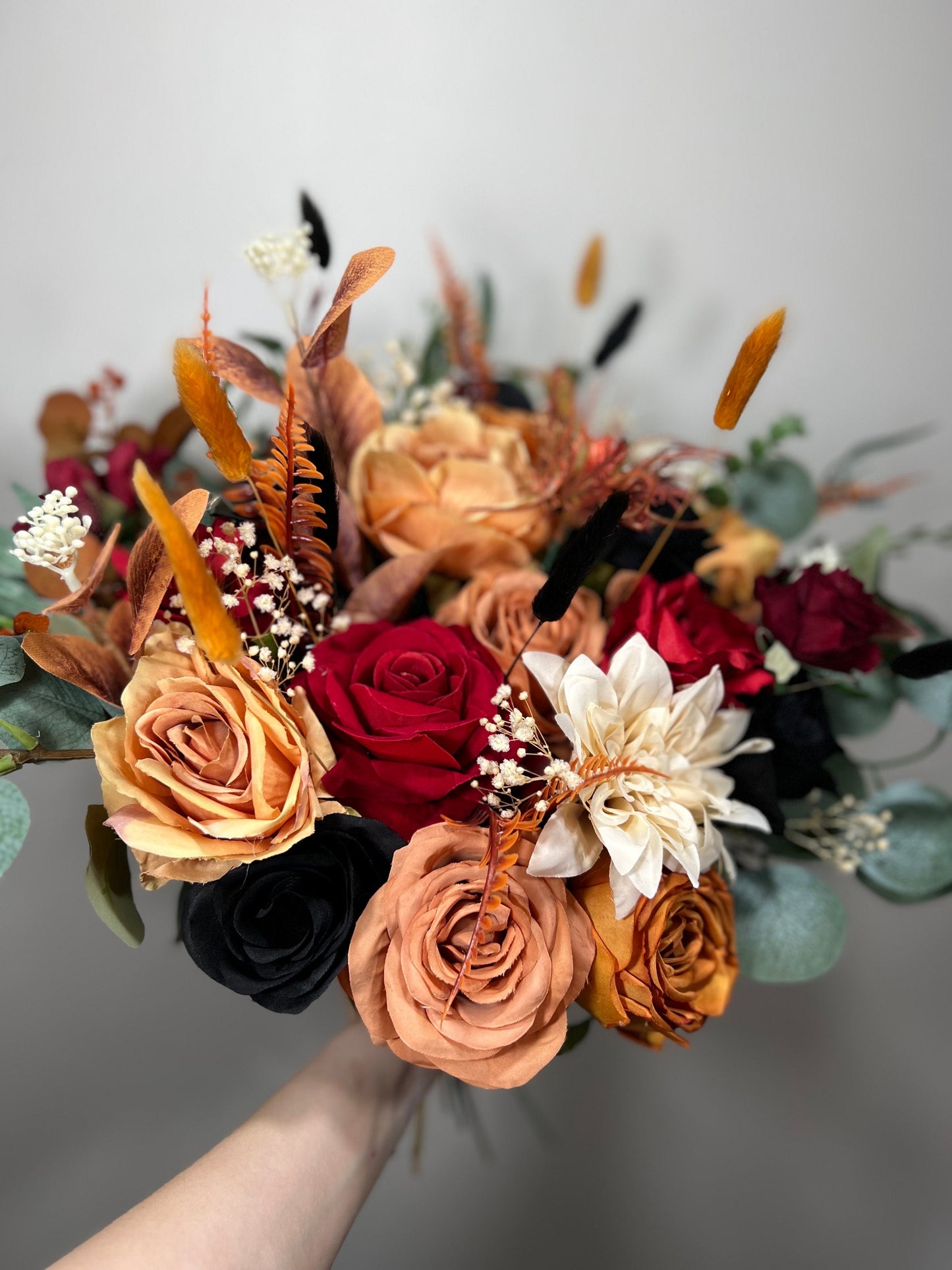 Wedding Bouquet Terracotta Burnt Bridal Rust Bouquet Black Orange Halloween Decor Burgundy Fall Eucalyptus Handmade Artificial Flower