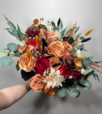 Wedding Bouquet Terracotta Burnt Bridal Rust Bouquet Black Orange Halloween Decor Burgundy Fall Eucalyptus Handmade Artificial Flower